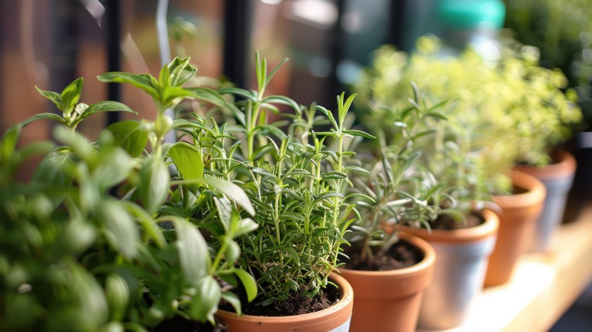 Vibrant culinary herbs like rosemary and basil thriving in terracotta pots on a sunny balcony. Perfect for healthy cooking, home gardening, and natural lifestyle concepts.
